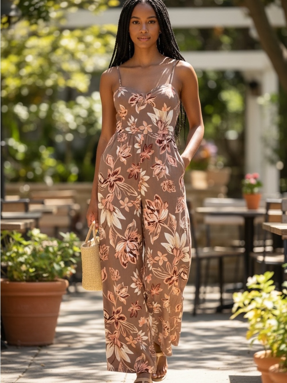 Taupe Floral Wide-Leg Spaghetti-Strap Jumpsuit
